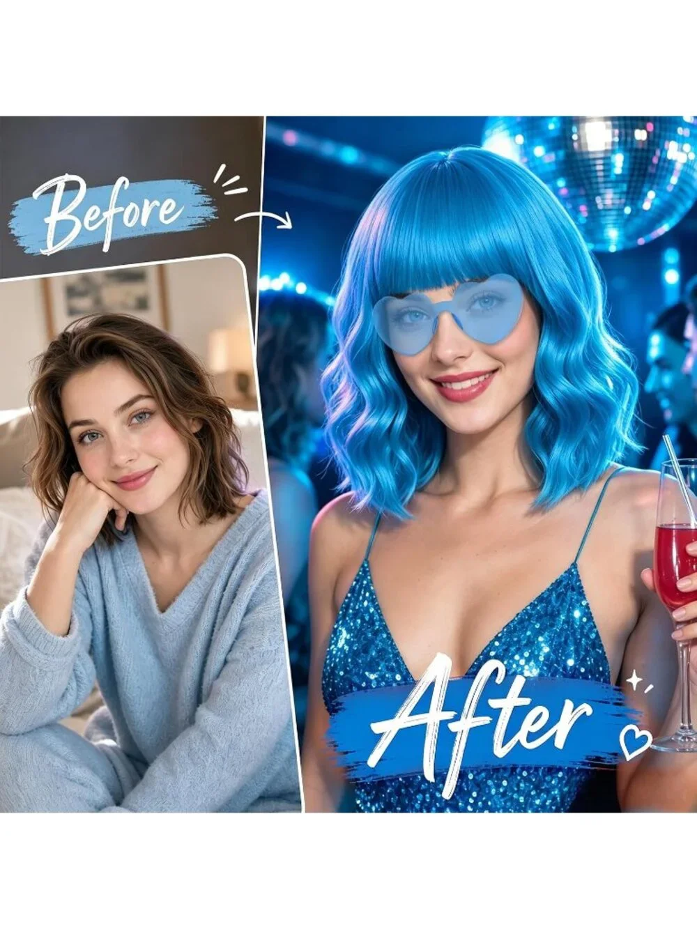 Women's Blue Curly Bob Synthetic Wigs Bangs With Neon Heart Sunglasses